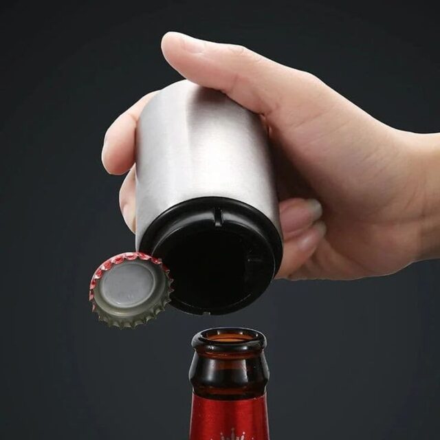 Premium Automatic Beer Bottle Opener (Stainless Steel), No Damage to Caps, Portable Push Down and Pop Off Magnetic Cap Catcher, QUICK Fun Bartender Openning Tool for Corkscrew Lid Home Bars Kitchen